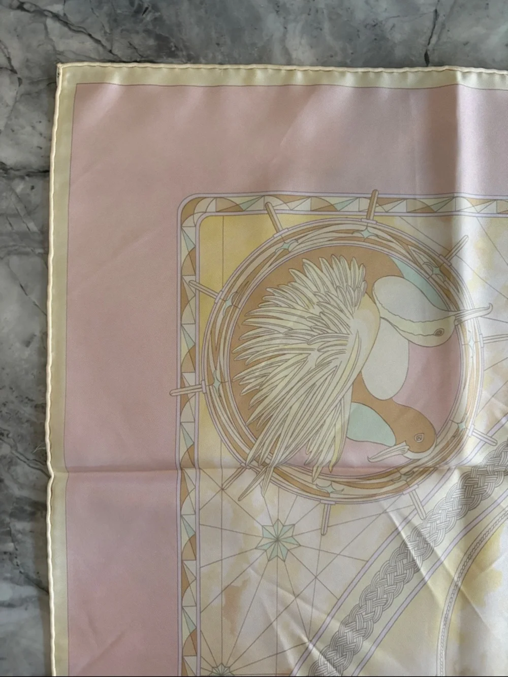Vintage Hermès Frégates Magnifiques Silk Scarf, pastel pink, yellow and brown.